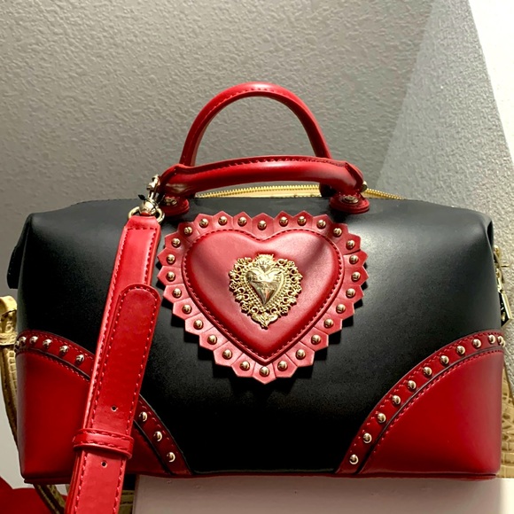 Love Moschino Handbags - Love Moschino red and black studded leather satchel purse with logo